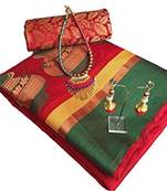 Red woven cotton silk saree with blouse
