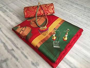 Red woven cotton silk saree with blouse 2