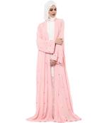 Pink pearl detailing jacket style crepe arab islamic abaya
