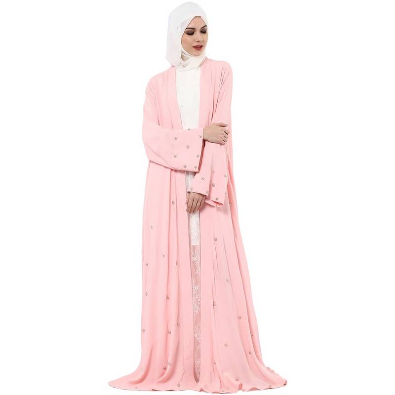 Pink pearl detailing jacket style crepe arab islamic abaya