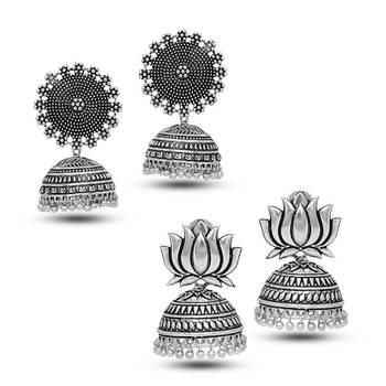 Oxidized Silver Plated Round Shape And Lotus Shape Combo Set Of 2 Earrings For Women 1