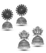Oxidized Silver Plated Round Shape And Lotus Shape Combo Set Of 2 Earrings For Women