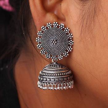 Oxidized Silver Plated Round Shape And Lotus Shape Combo Set Of 2 Earrings For Women 4