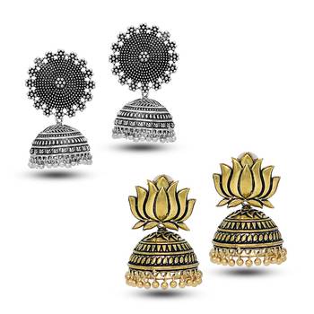 Oxidized Silver Plated Round Shape And Oxidized Gold Plated Lotus Shape Combo Set Of 2 Earrings 1