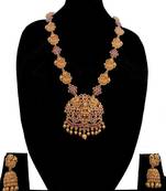 Matt finish rose gold antique temple jewellery ruby necklace set
