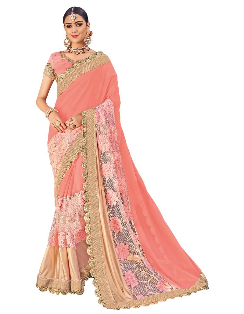 Salmon embroidered saree with blouse Bansi Sarees 2489927