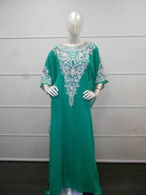 Turqouise aari work chiffon polyester islamic party wear festive farasha 1