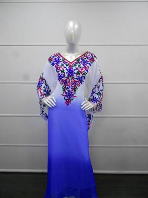 Blue and white aari work chiffon polyester islamic party wear festive farasha 1
