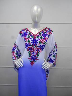 Blue and white aari work chiffon polyester islamic party wear festive farasha 2