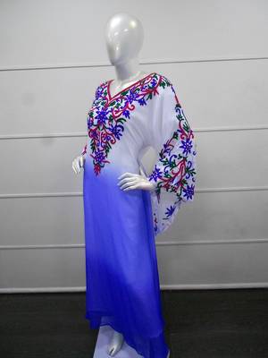 Blue and white aari work chiffon polyester islamic party wear festive farasha 4