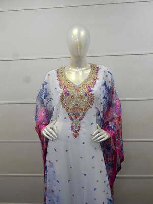 White zari work chiffon polyester islamic party wear festive farasha 1