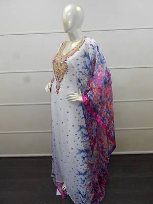 White zari work chiffon polyester islamic party wear festive farasha 3