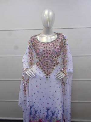 White zari work chiffon polyester islamic party wear festive farasha 2