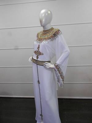 White zari work chiffon polyester islamic party wear festive farasha 4