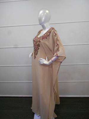 Beige zari work chiffon polyester islamic party wear festive farasha 4