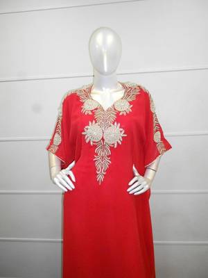 Red  zari work chiffon polyester islamic party wear festive farasha 2