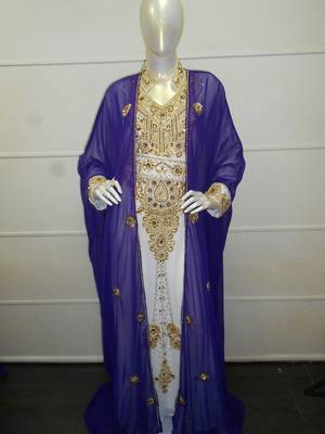 Blue and white zari work chiffon polyester islamic party wear festive kaftan with jacket 1