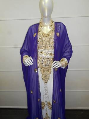 Blue and white zari work chiffon polyester islamic party wear festive kaftan with jacket 2