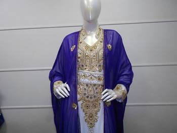 Blue and white zari work chiffon polyester islamic party wear festive kaftan with jacket 3