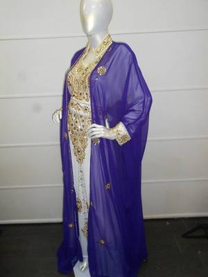 Blue and white zari work chiffon polyester islamic party wear festive kaftan with jacket 4