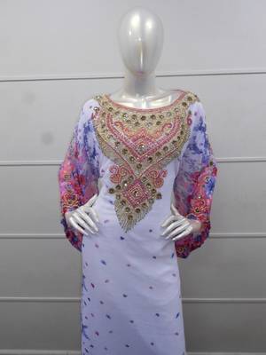 White zari work chiffon polyester islamic party wear festive kaftan 1