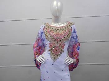 White zari work chiffon polyester islamic party wear festive kaftan 2