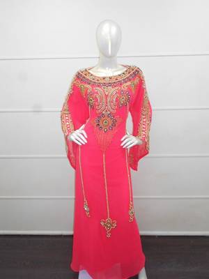 Pink zari work chiffon polyester islamic party wear festive kaftan 1