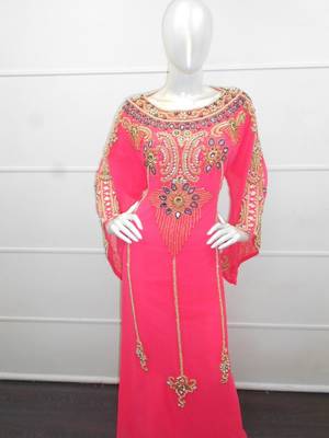 Pink zari work chiffon polyester islamic party wear festive kaftan 2