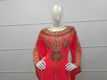 Pink zari work chiffon polyester islamic party wear festive kaftan 3