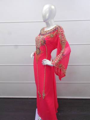 Pink zari work chiffon polyester islamic party wear festive kaftan 4