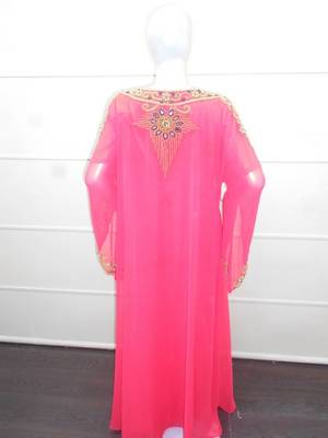 Pink zari work chiffon polyester islamic party wear festive kaftan 5