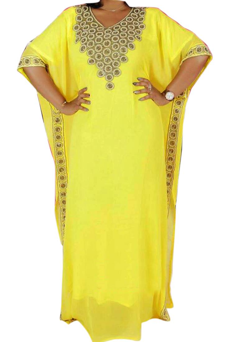 Yellow Zari Stone Work Georgette Islamic Style Beads Embedded PartyWear Farasha