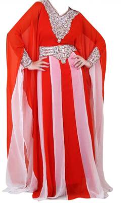 Red & White Zari Stone Work Georgette Islamic Style Beads Embedded PartyWear Farasha 1