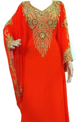 Orange Zari Stone Work Georgette Islamic Style Beads Embedded PartyWear Farasha 1