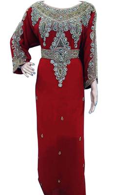 Red   Zari Stone Work Georgette Islamic Style Beads Embedded PartyWear Kaftan 1