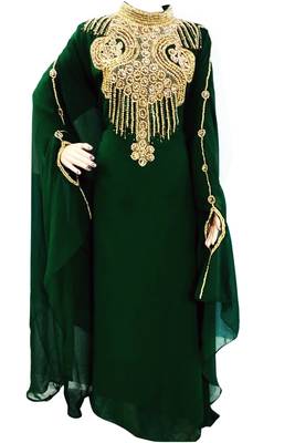 Green Zari Stone Work Georgette Islamic Style Beads Embedded PartyWear Farasha 1