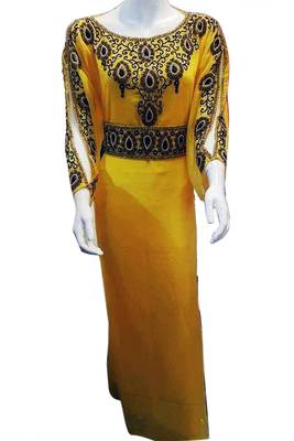 Yellow Zari Stone Work Georgette Islamic Style Beads Embedded PartyWear Kaftan 1