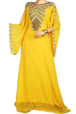 Yellow Zari Stone Work Georgette Islamic Style Beads Embedded PartyWear Kaftan 1