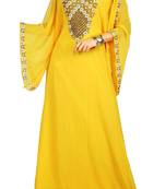Yellow Zari Stone Work Georgette Islamic Style Beads Embedded PartyWear Kaftan