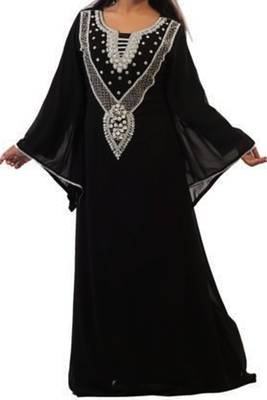 Black Zari Stone Work Georgette Islamic Style Beads Embedded PartyWear Kaftan 1