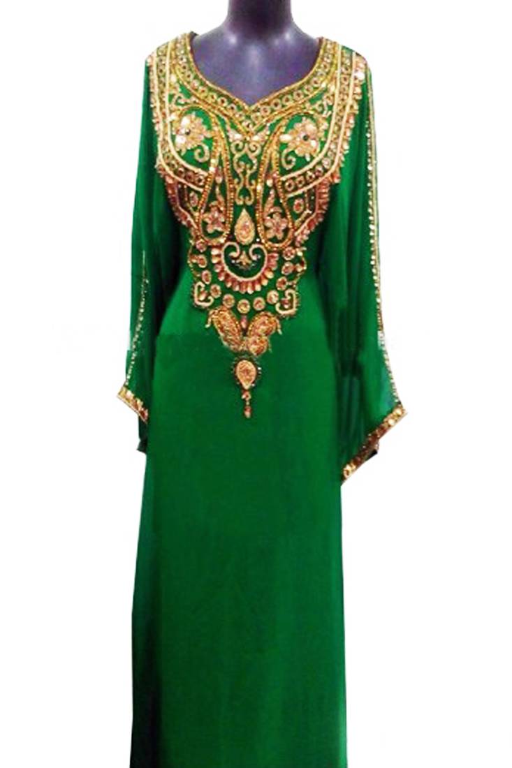 Green Zari Stone Work Georgette Islamic Style Beads Embedded PartyWear Farasha