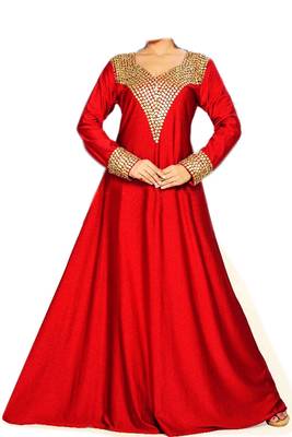 Red Zari Stone Work gergett Islamic Style Beads Embedded PartyWear kaftan 1
