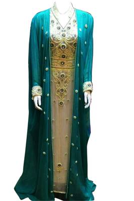 Turqouise Zari Stone Work Georgette Islamic Style Beads Embedded PartyWear Kaftan 1