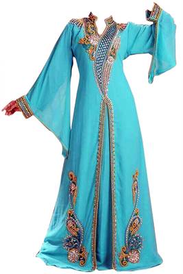 Blue Zari Stone Work Georgette Islamic Style Beads Embedded PartyWear Kaftan 1