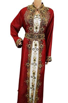 Red & White Zari Stone Work Georgette Islamic Style Beads Embedded PartyWear Kaftan 1