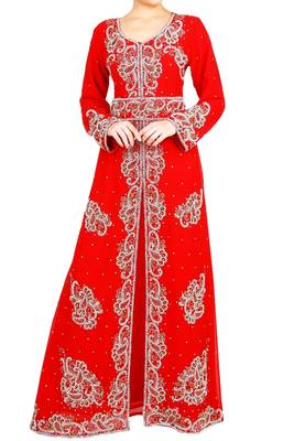 Red Zari Stone Work Georgette Islamic Style Beads Embedded PartyWear Kaftan 1