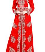 Red Zari Stone Work Georgette Islamic Style Beads Embedded PartyWear Kaftan