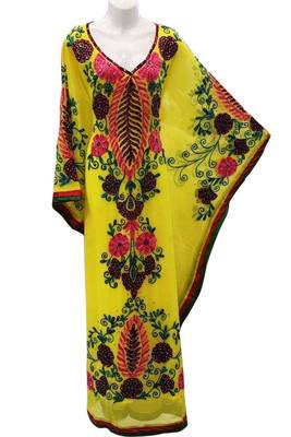 Yellow Machine Work Georgette Islamic Style Beads Embedded PartyWear Kaftan 1
