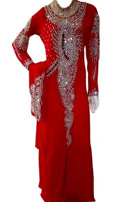 Red Zari Stone Work Georgette Islamic Style Beads Embedded PartyWear Kaftan 1