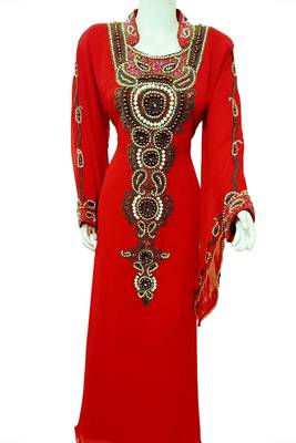 Red Zari Stone Work Georgette Islamic Style Beads Embedded PartyWear Abaya 1